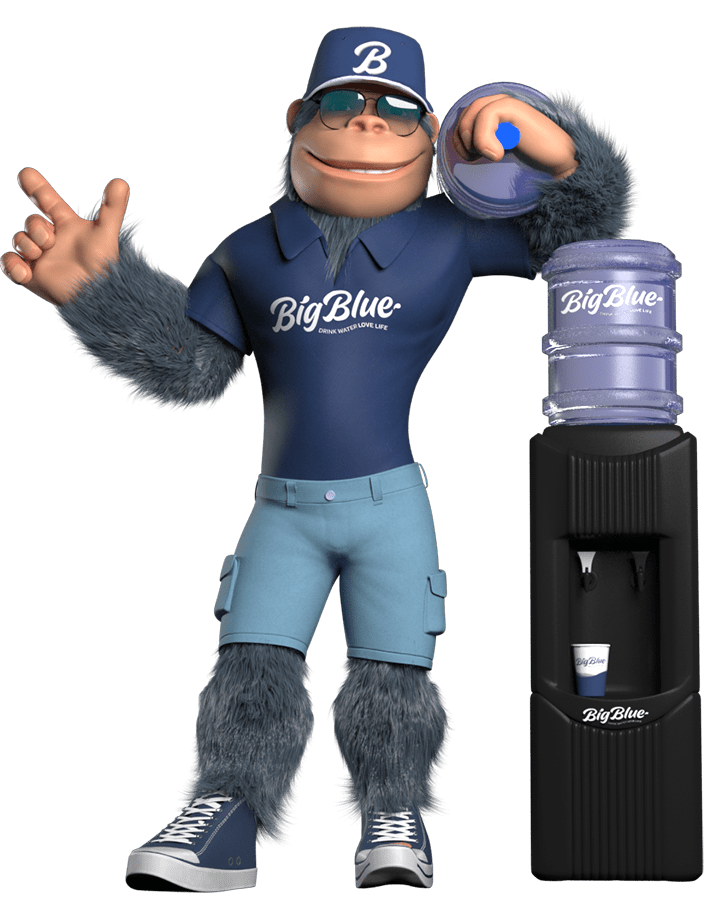 Hydro, the Big Blue gorilla mascot executing water delivery of water coolers for Big Blue clients.